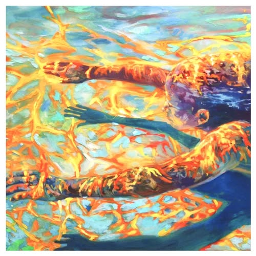 Abstract painting of orange and white koi fish in turquoise water with golden reflections