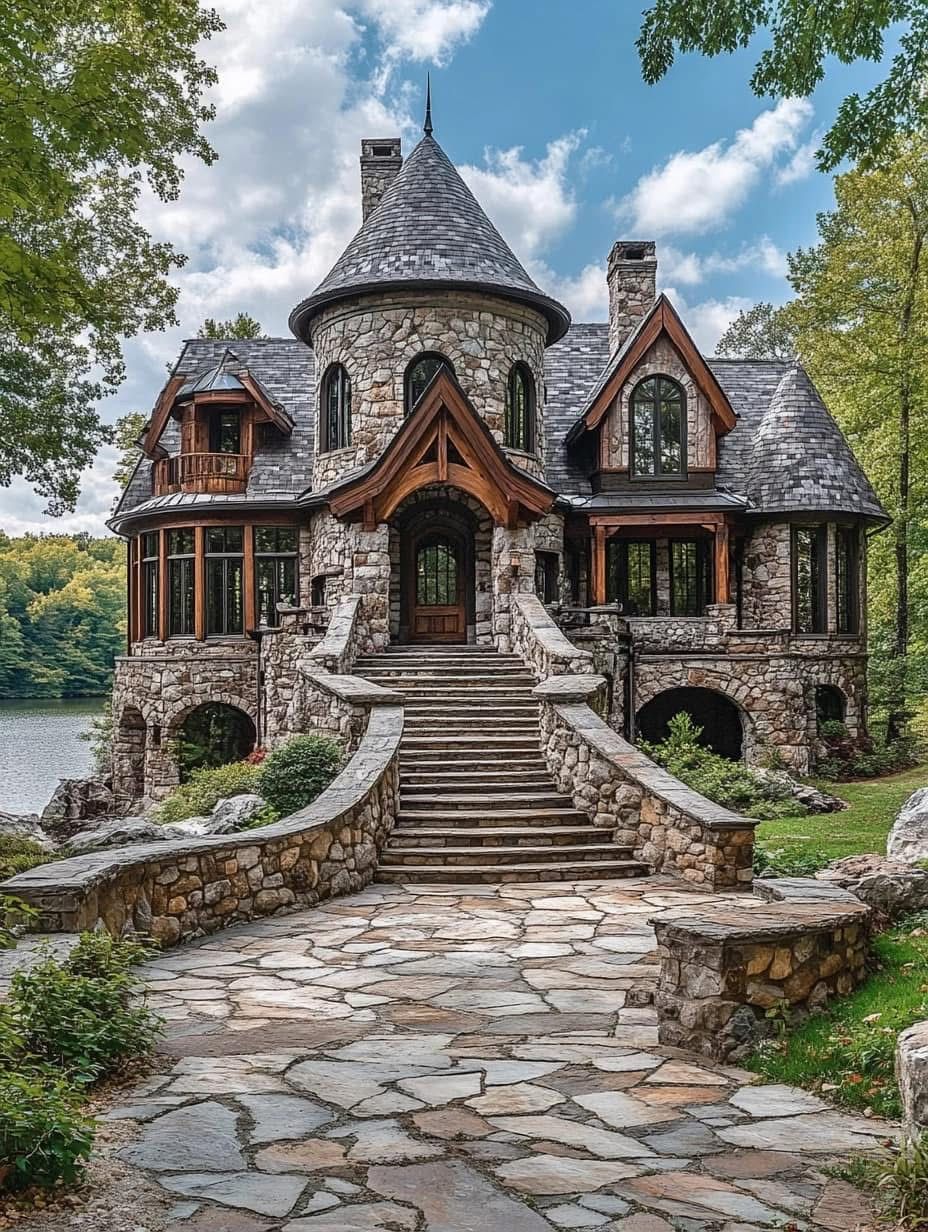 Victorian stone manor with turret and grand entrance staircase framed by trees
