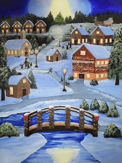 Folk art painting of a snowy village with houses, bridge, trees, and people in winter twilight
