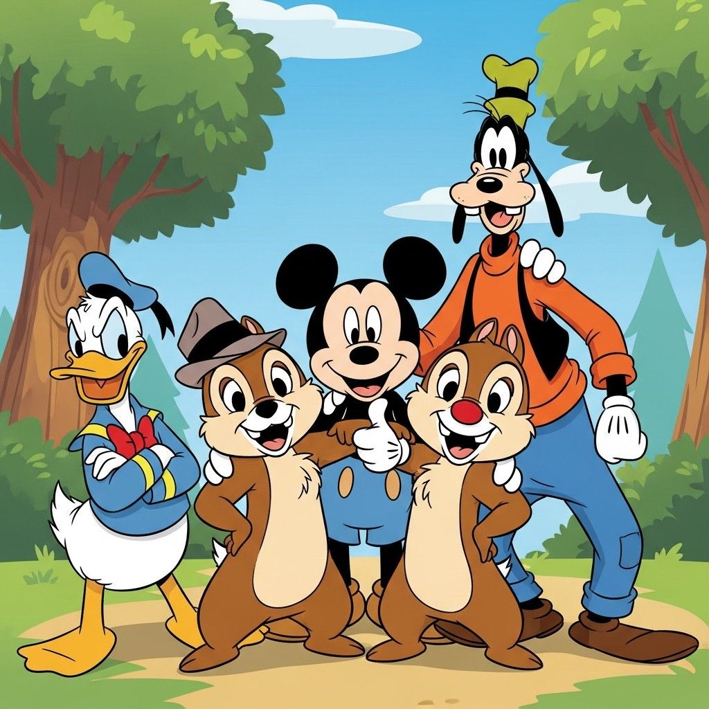 Mickey Mouse, Donald Duck, Goofy, Chip and Dale posing together in a cartoon park scene