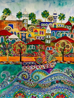 Colorful painting of Jaffa with bright houses, trees, domes, and swirling blue waves