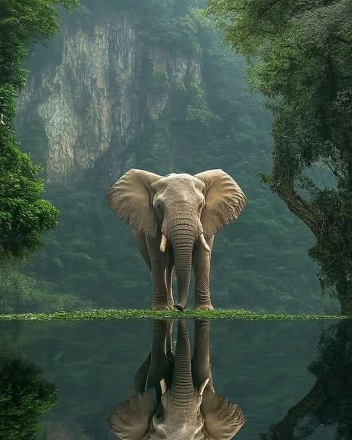 Elephant standing at water's edge with its reflection, surrounded by green jungle and rocky cliffs