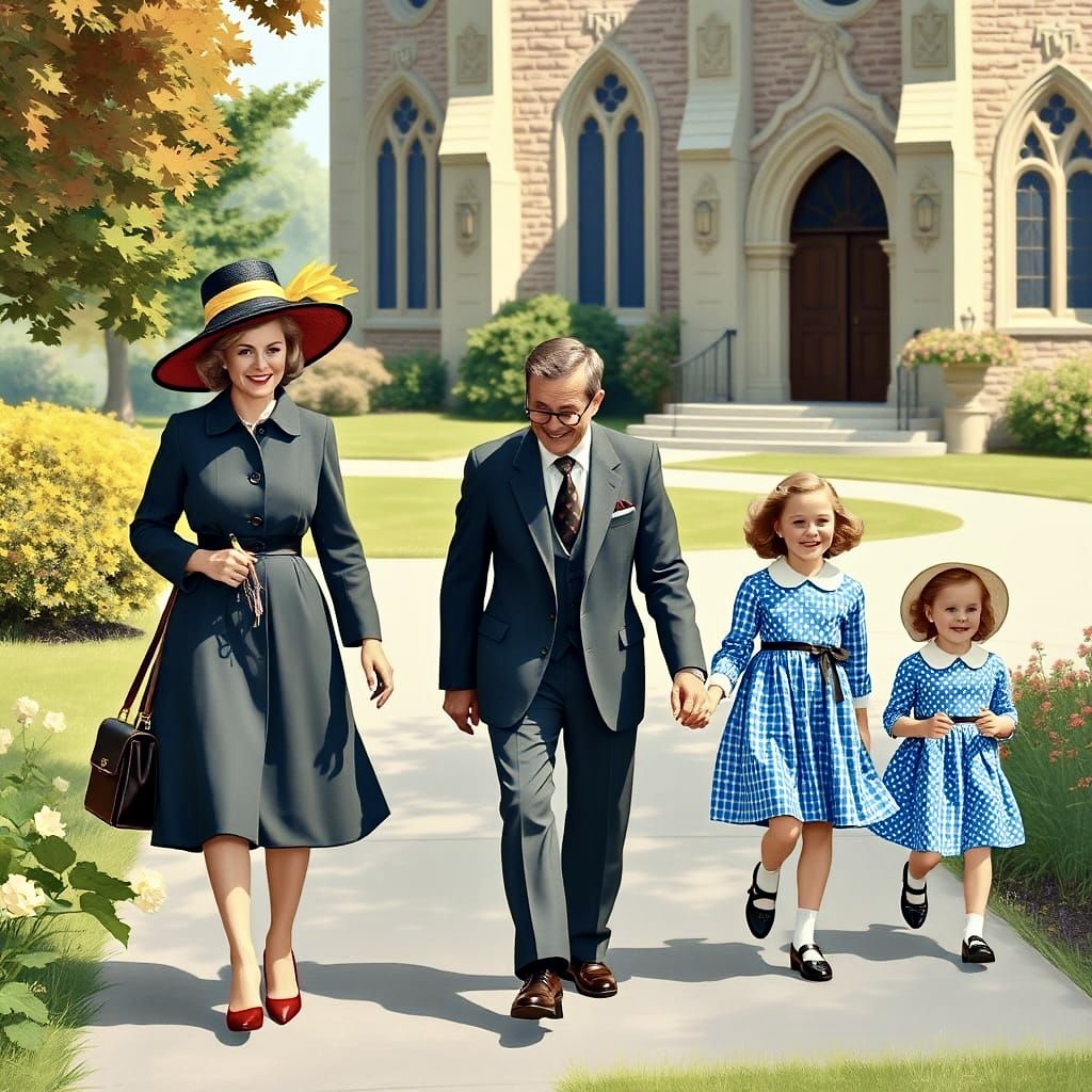 1950s family in Sunday dress walking from church building on sunny autumn day