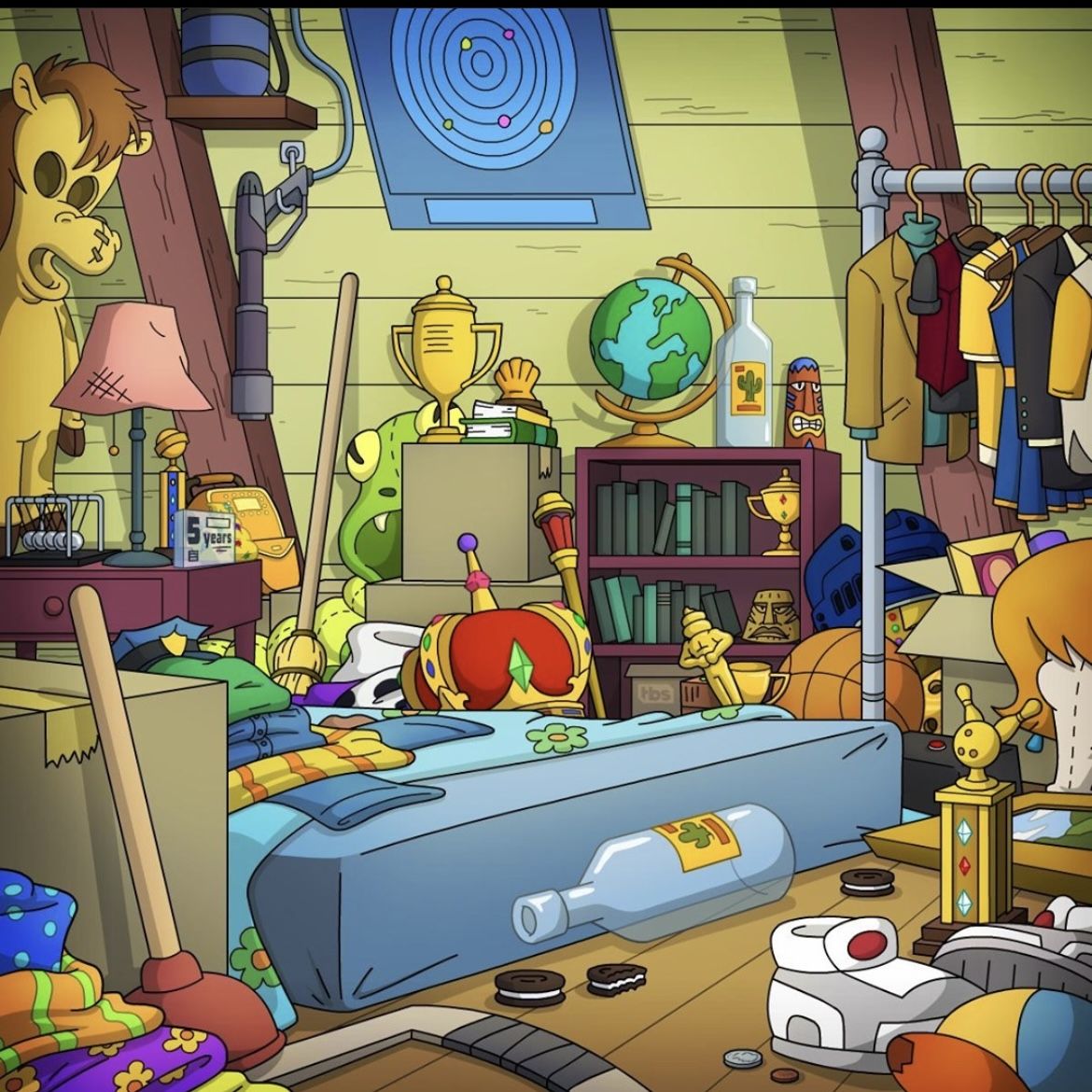 Cartoon illustration of a messy boy's atic bedroom with toys, books, and clutter everywhere