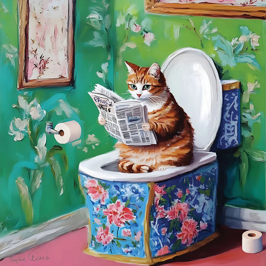 Orange tabby cat sitting on floral toilet reading newspaper in green bathroom