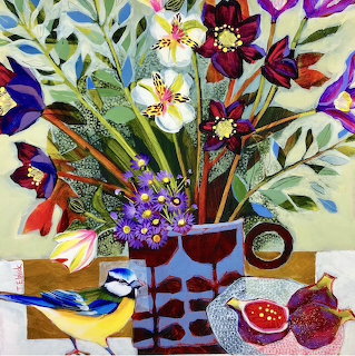 Colorful still life painting with flowers in a vase, a blue tit bird, and figs on a table