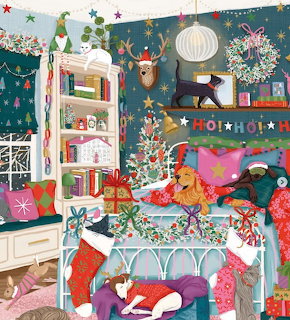 Colorful illustration of a Christmas-decorated bedroom with cats on a bed, a tree, and festive garlands