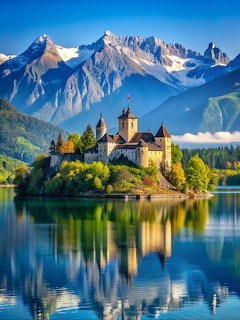 Castle on small island in alpine lake with mountains and reflection