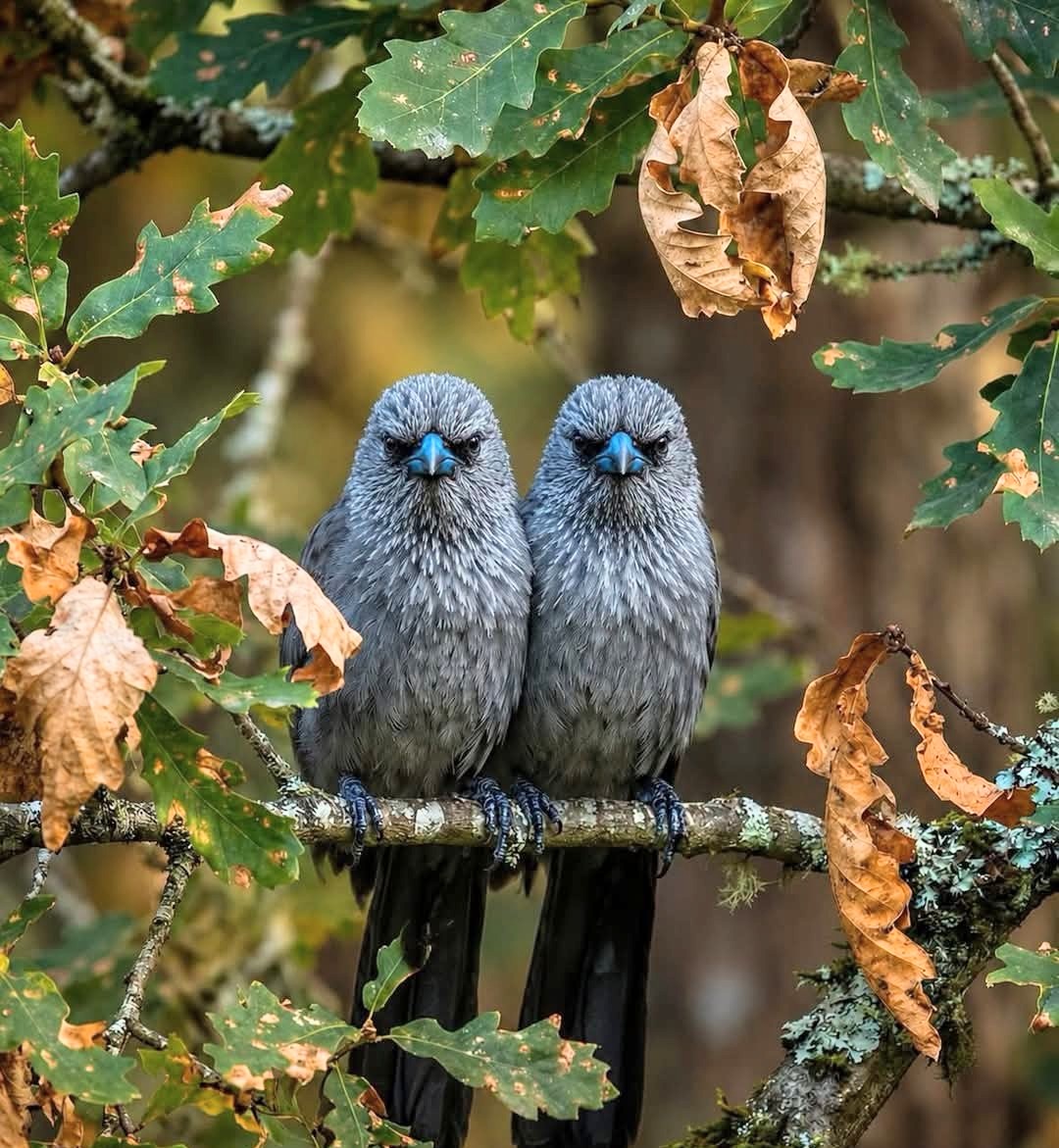 Two fluffy gray birds perched together on a branch among green and brown leaves