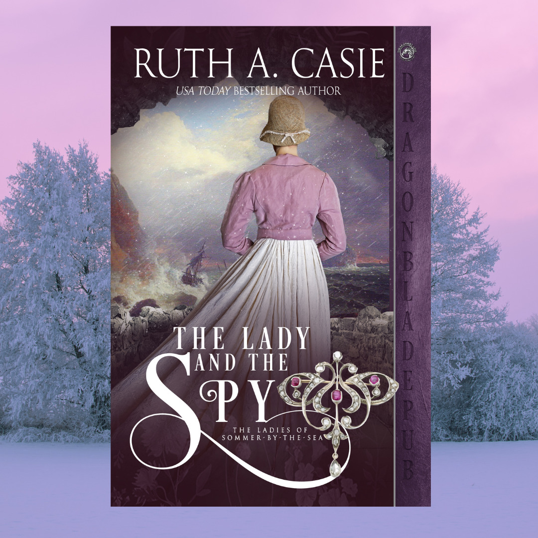 Book cover with a woman in period clothing standing before a dramatic seaside landscape
