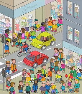 Cartoon illustration of crowded city street with people, yellow and red cars, and storefronts