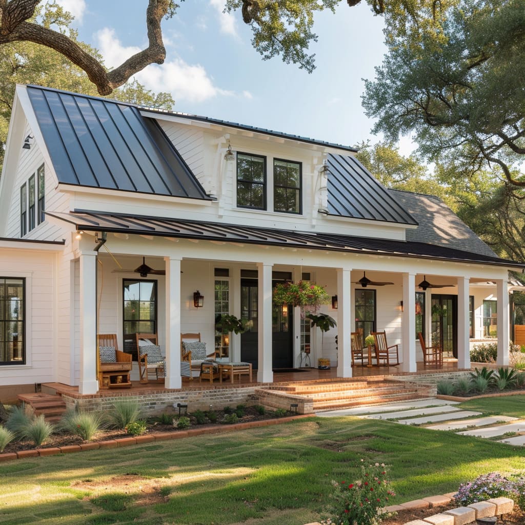 White modern farmhouse with a covered front porch, wooden columns, chairs, and green lawn