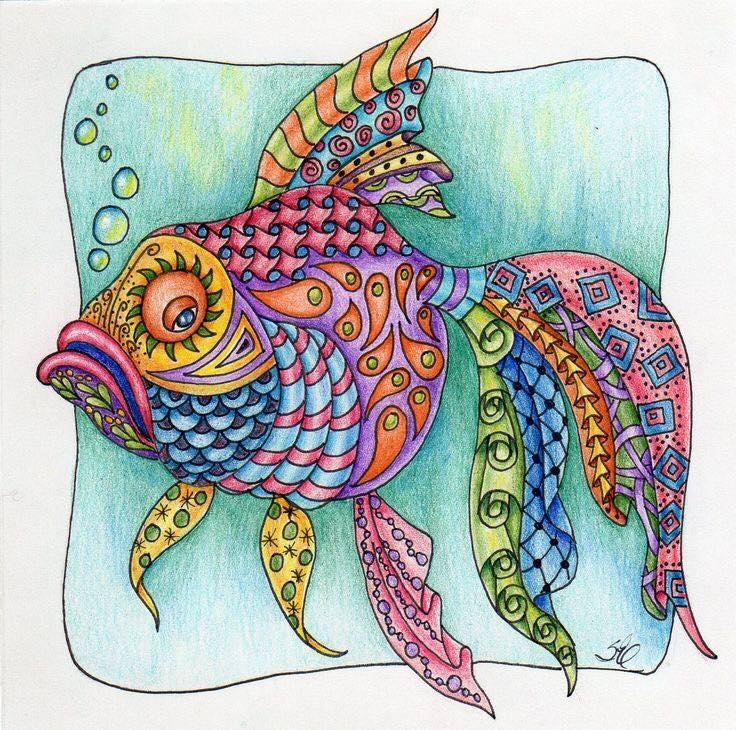 Ornate illustrated fish with colorful patterns and flowing fins on blue background