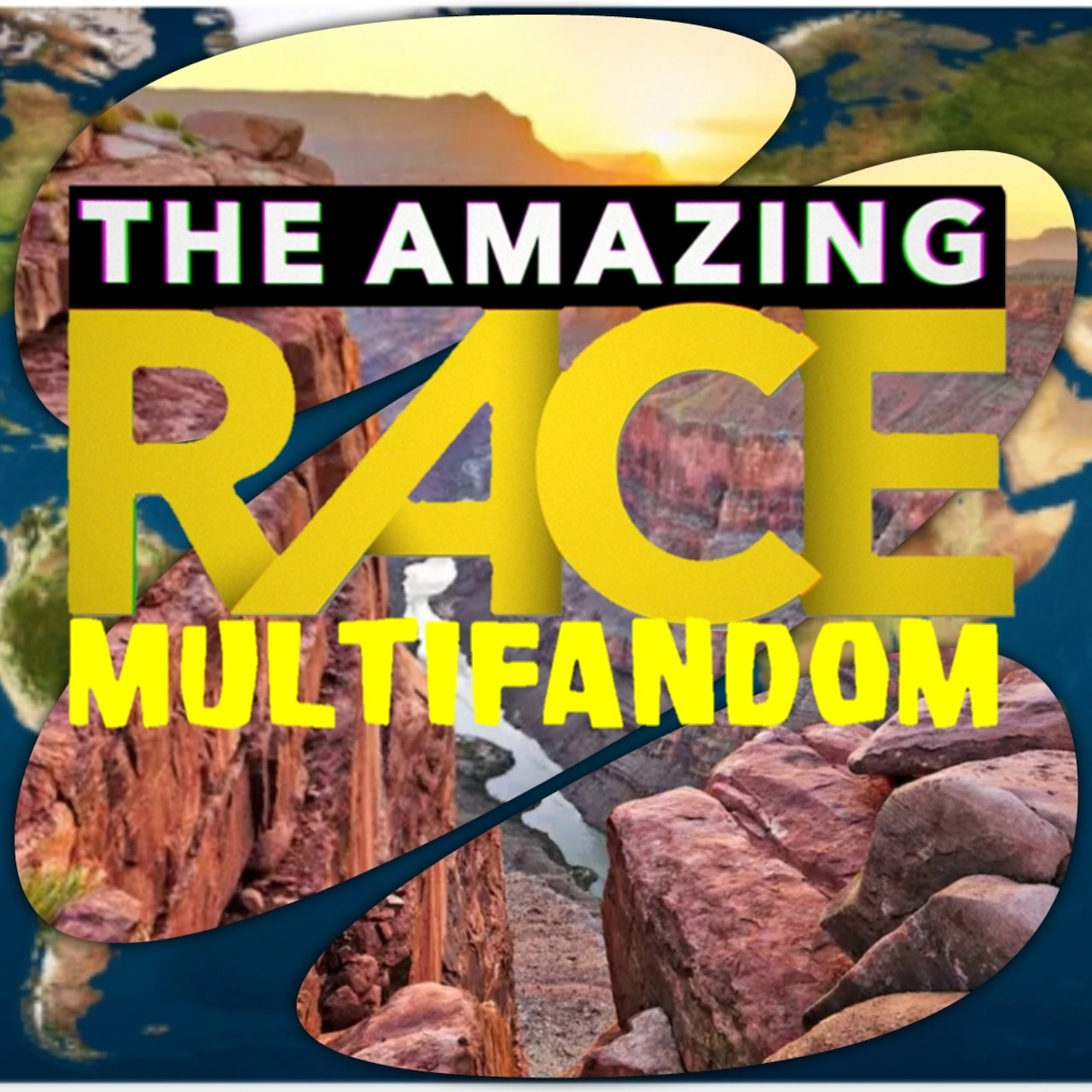 Graphic design with The Amazing Race Multifandom text over a canyon background