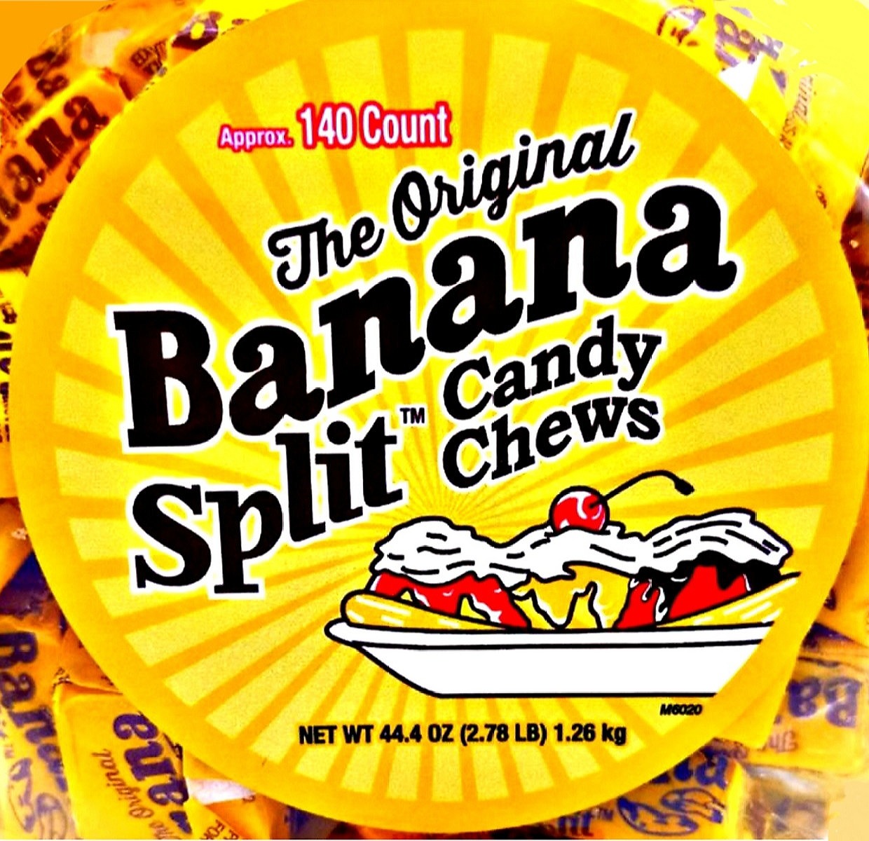 Yellow Banana Split Candy Chews package with a banana split illustration and wrapped candies around it