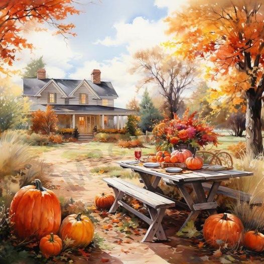 Watercolor autumn scene with farmhouse, pumpkins on picnic table, and orange fall trees