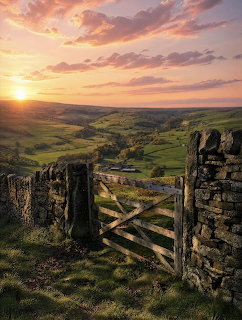 Wooden farm gate and stone walls overlooking green countryside at sunset