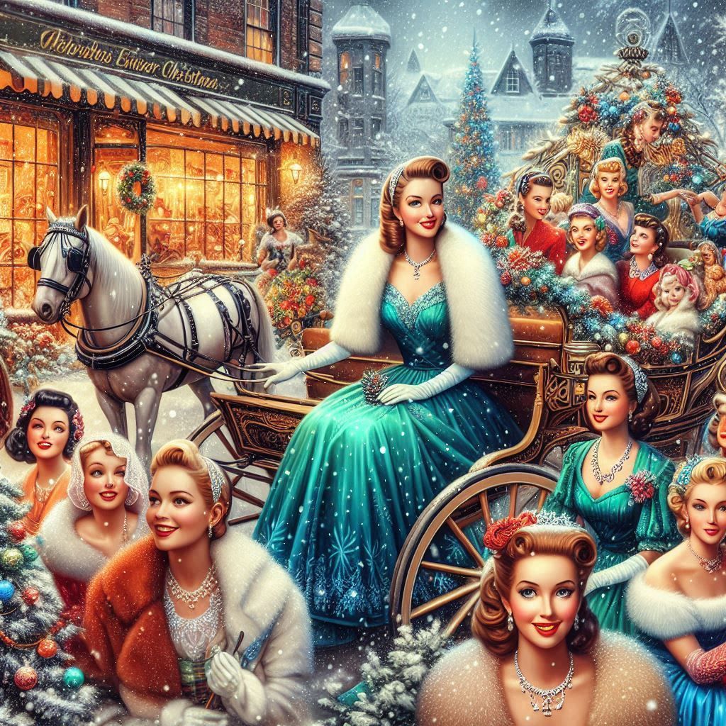 Retro Christmas scene with women in formal gowns gathered around a decorated tree in a snowy village with vintage buildings
