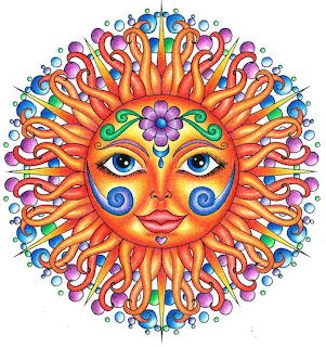 Ornate sun and moon face with colorful rays and decorative swirls in rainbow colors