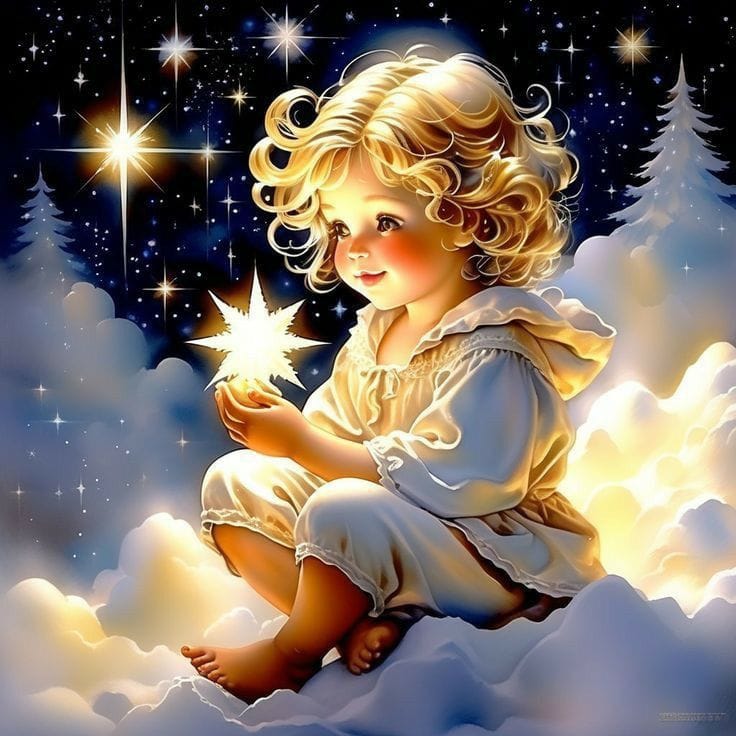 Illustration of a young angel with blonde curly hair sitting on clouds, holding a bright star against a night sky