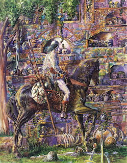 Fantasy warrior on horseback in front of detailed stone ruins with vegetation