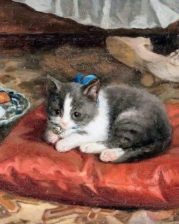 Grey and white kitten resting on a red velvet pillow, oil painting by Adolf von Becker