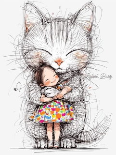 Sketch drawing of a big cat hugging a little girl in a colorful dress