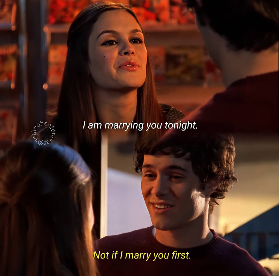 Two-panel TV scene showing a young woman and a young man talking indoors with subtitles