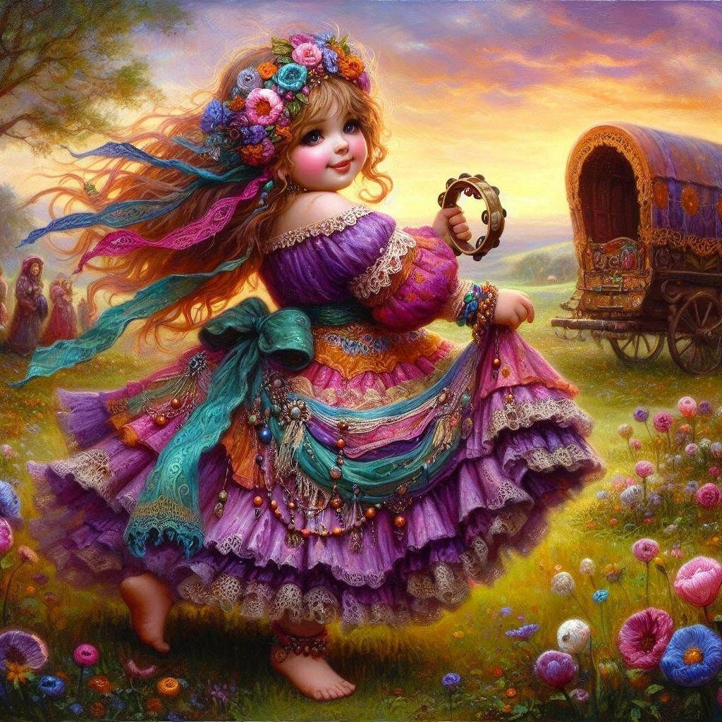 Fantasy girl in vibrant layered dress with flower crown in sunset landscape