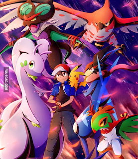 Anime illustration of Pokemon trainer surrounded by Mewtwo, Pikachu, and other Pokemon in dynamic battle pose