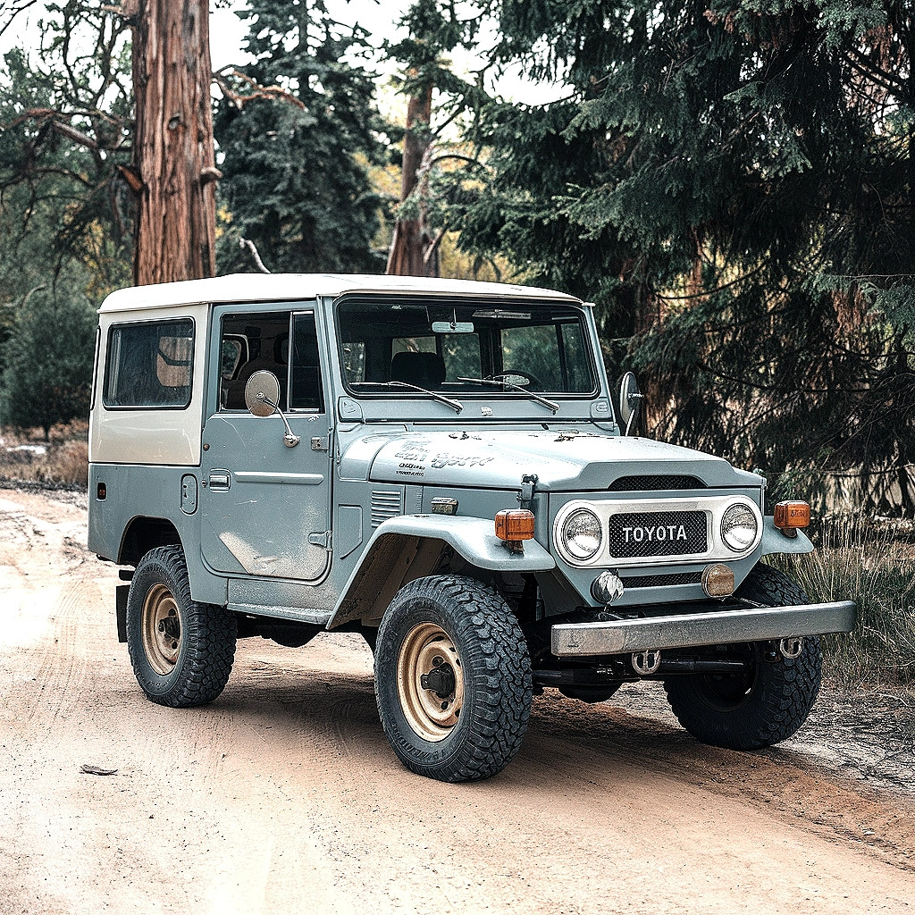Light blue vintage Toyota Land Cruiser FJ40 on dirt road with trees