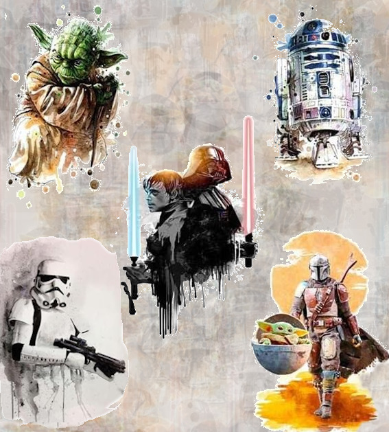 Watercolor collage of Star Wars characters including Yoda, R2-D2, a stormtrooper, the Mandalorian, and Grogu