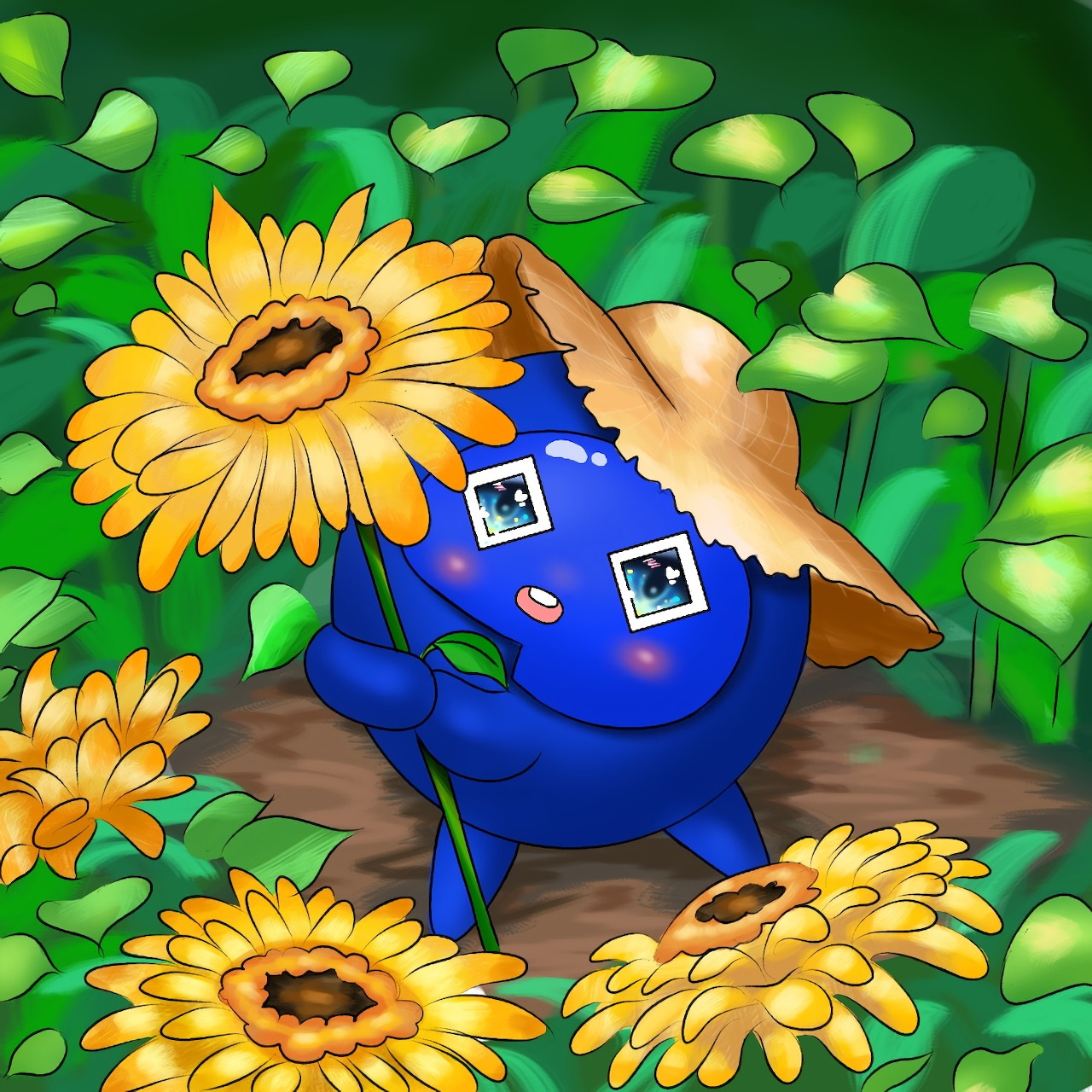 Gardener in blue hat painting a yellow sunflower with brush, surrounded by green leaves and sunflowers