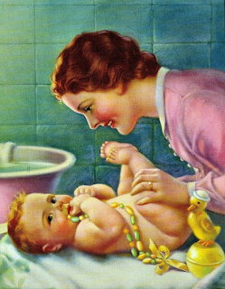 Vintage illustration showing mother in pink leaning over baby during bath time on counter with tiled wall