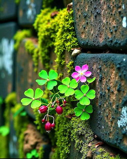 Green clover with pink flowers and red buds sprouting from a mosy old brick wall