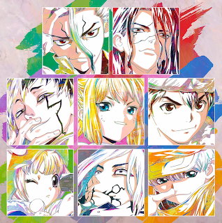 Colorful anime collage of nine close-up character portraits in a grid