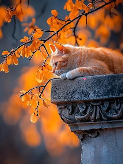 Ginger cat resting on a stone ledge under orange autumn leaves