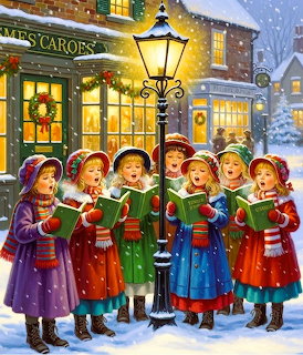 Children in colorful winter coats singing Christmas carols around lamppost in snowy village at night