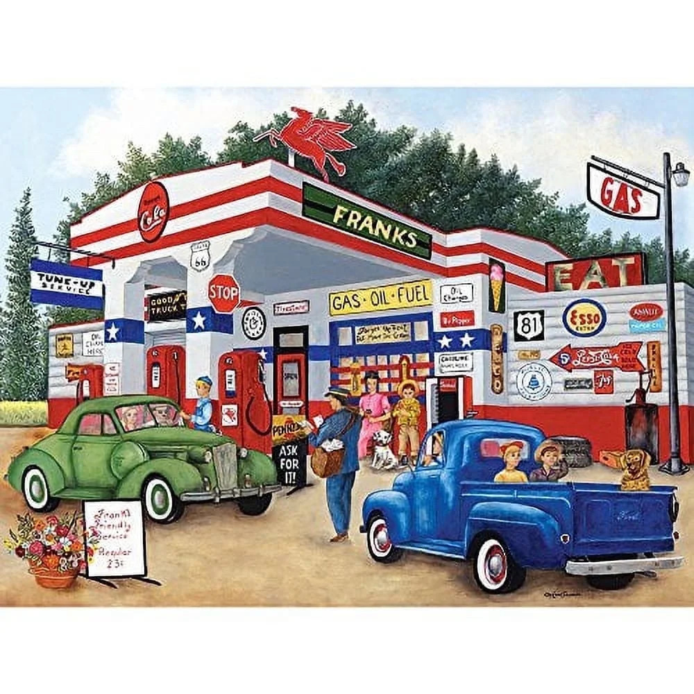 Vintage painting of a gas station with classic cars, fuel pumps, signs, and several people outside