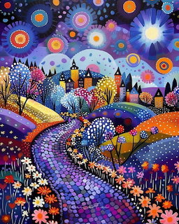 Vibrant folk art painting of whimsical village under decorative starry sky with patterned hills and colorful trees