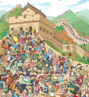 Illustrated crowd of diverse people at the Great Wall of China with mountains and sky