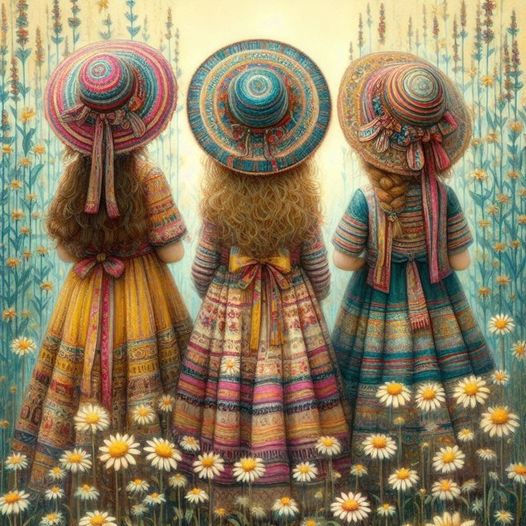 Three girls wearing colorful hats and striped dresses viewed from behind in a daisy field