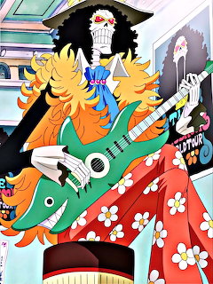 Brook from One Piece playing guitar, wearing orange jacket and top hat