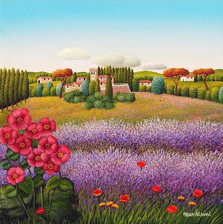 Painted Tuscan village with lavender fields, cypress trees, and red flowers in foreground