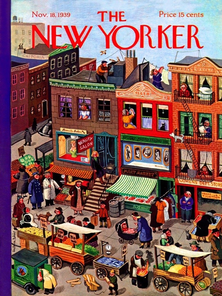 Colorful 1939 New Yorker magazine cover illustration of a busy city street with shops and pedestrians