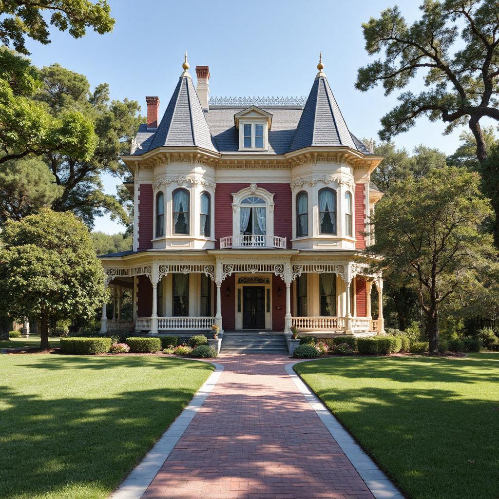 Victorian mansion with turrets, wraparound porch, and brick path on a green lawn