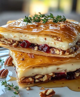 Stacked phyllo pastry layers with brie, cranberries, walnuts, and honey drizzle, garnished with thyme