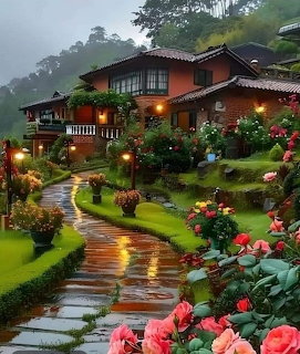Rustic house with warm lights surrounded by colorful rose gardens and wet stone path on a misty evening