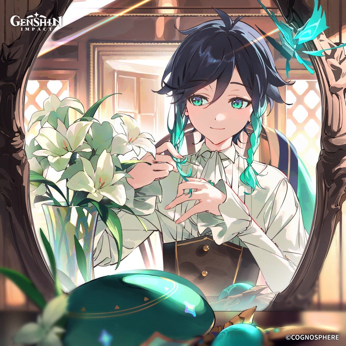 Anime character Venti smiling and holding white flowers in ornate oval mirror frame with teal decorative elements
