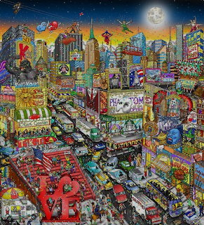 Colorful pop art illustration of Broadway in New York City at night with neon signs, taxis, and skyscrapers